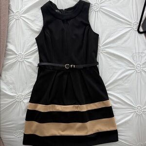 BCX Black Dress with Tan Stripe Hem and Slim Belt